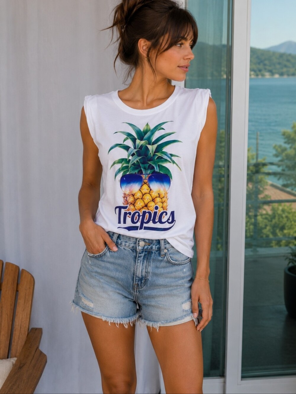 Vero Moda White Tank Top with Pineapple Graphic and Blue Sunglasses